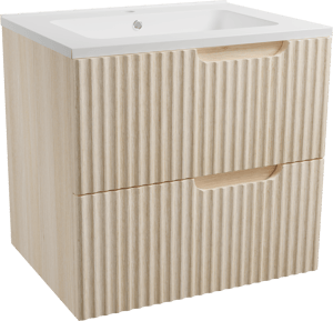 Linie Ribbo meuble salle de bains suspendu 60 x 46 cm chêne clair avec Vano plan simple en marbre composite blanc mat, Nervure circulaire symétrique verticale