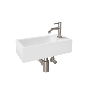 Luca Varess Cubic midi handenwasser glanzend wit Porselein rechts 40,5 x 20cm inclusief brushed coolmetal kraan en toebehoren