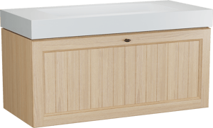 Balmani Lemon hängendes Möbelstück Set: 120 x 55 cm, Naturbelassene Eiche Furnier, mit Modus Einzelwaschtisch für 2 Armaturenlöcher, Weiß matt