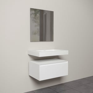 Storke Edge Modulo hängendes Möbelstück Set: 75 x 52 cm, Weiß matt, mit Mata High Einzelwaschtisch im Solid Surface Weiß matt und Soto Badspiegel