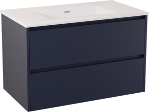 Storke Seda hängendes Möbelstück Set: 95 x 52 cm, Nachtblau, mit Kera Doppelwaschtisch, Keramik Weiß glänzend, inklusive Ablaufventil