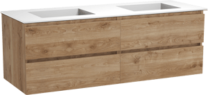 Balmani Lucida zwevend badmeubel 150 x 55 cm ruw eiken met Tablo Stretto dubbele wastafel in solid surface mat wit