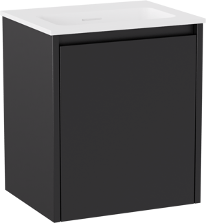 Storke Seda hängendes Möbelstück Set: 45 x 35 cm, Schwarz matt, mit Mata Einzelwaschtisch, Solid Surface Weiß matt