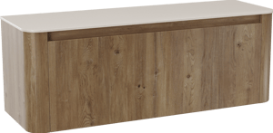 Storke Soft zwevend badkamermeubel 140 x 46 cm ruwe eik met Tavola Soft enkele of dubbele tablet in solid surface beige granita