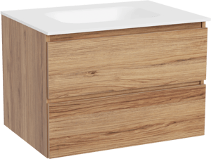 Balmani Lucida hängendes Möbelstück Set: 75 x 55 cm, Teak, mit Tablo Arcato Einzelwaschtisch, Solid Surface Weiß matt