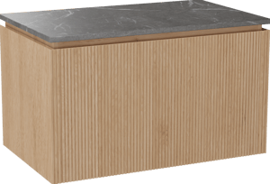 Balmani Eclips zwevend badkamermeubel 90 x 55 cm Natuur eik met Stretto enkel tablet in Pietra Grey marmer, Verticale symmetrische rechte ribbel