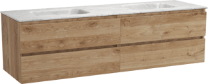 Balmani Lucida hängendes Möbelstück Set: 180 x 55 cm, Rohe Eiche, mit Tablo Arcato Doppelwaschtisch, Marmor Carrara