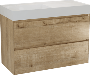 Balmani Mitra Compact hängendes Möbelstück Set: 100 x 46 cm, Eiche Rau, mit Argila Waschtisch links Marmorkomposit Weiβ glänzend