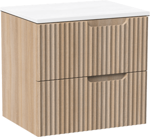 Linie Ribbo zwevend badmeubel 60 x 46 cm licht eiken met Lado enkel wastafelblad in composietmarmer mat wit, Verticale symmetrische ronde ribbel