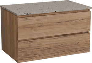 Balmani Lucida hängendes Möbelstück Set: 90 x 55 cm, Teak, mit Stretto Einzel Waschtischplatte, Terrazzo in Greige