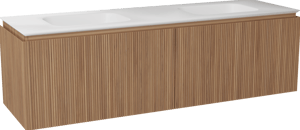Balmani Eclips zwevend badmeubel 180 x 55 cm Teakhout met Eclips dubbele wastafel in Solid Surface mat wit, Verticale symmetrische rechte ribbel