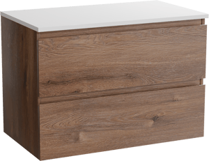 Linie Lado hängendes Möbelstück Set: 80 x 46 cm, Braune Eiche, mit Lado Einzel Waschtischplatte, Marmorkomposit Weiß matt