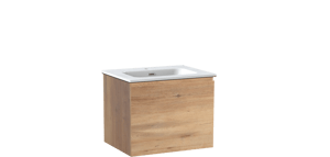 Linie Lado hängendes Möbelstück Set: 60 x 46 cm, Naturbelassene Eiche, mit Baro Einzelwaschtisch, Porzellan Weiß glänzend