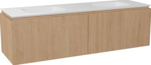 Balmani Eclips zwevend badkamermeubel 180 x 55 cm Natuur eik met Eclips dubbele wastafel in Solid Surface mat wit, Verticale symmetrische rechte ribbel