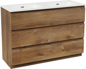 Linie Lado staand badmeubel 120 x 46 cm bruin eiken met Baro dubbele wastafel in porselein hoogglans wit