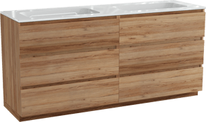 Balmani Lucida freistehendes Möbelstück Set: 180 x 55 cm, Teak, mit Tablo Strada Doppelwaschtisch, Marmorkomposit Weiß glänzend