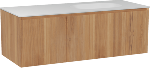 Balmani Idra zwevend badkamermeubel 135 x 55 cm teak met Tablo Oval asymmetrisch rechtse wastafel in solid surface mat wit