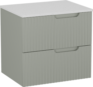 Linie Ribbo zwevend badkamermeubel 60 x 46 cm greige met Lado enkel tablet in melamine terrazzo wit, Verticale symmetrische ronde ribbel