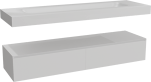 Balmani Mitra Elements hängendes Möbelstück Set: 180 x 55 cm, Weiß matt mit Arcato Einzelwaschtisch für 2 Armaturenlöcher, Solid Surface Weiß matt