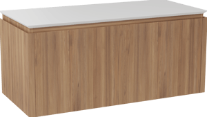 Balmani Eclips zwevend badkamermeubel 120 x 55 cm Teak met Eclips enkel of dubbel tablet in Solid Surface mat wit