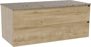 Balmani Mitra hängendes Möbelstück Set: 120 x 55 cm, Rohe Eiche, mit Stretto Einzel- oder Doppel Waschtischplatte, Terrazzo in Greige