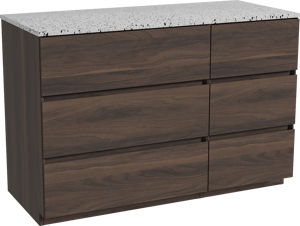 Storke Edge staand badmeubel 120 x 52 cm notenhout met Tavola enkel of dubbel wastafelblad in mat wit/zwart terrazzo