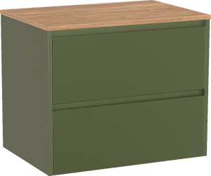 Storke Seda zwevend badmeubel 75 x 52 cm olijfgroen met Panton enkel wastafelblad in melamine ruw eiken