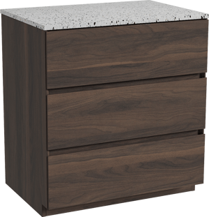 Storke Edge staand badmeubel 75 x 52 cm notenhout met Tavola enkel wastafelblad in mat wit/zwart terrazzo