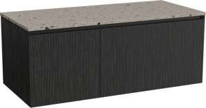 Balmani Fila zwevend badkamermeubel 120 x 55 cm zwarte eik met Stretto enkel of dubbel tablet in terrazzo greige terrazzo, Verticale symmetrische rechte ribbel