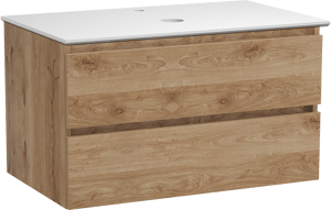 Balmani Lucida zwevend badkamermeubel 90 x 55 cm ruwe eik met Facetta enkel tablet in solid surface mat wit