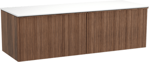 Balmani Forma zwevend badmeubel 150 x 55 cm amerikaans notenhout met Stretto enkel of dubbel wastafelblad in solid surface mat wit, Verticale asymmetrische ronde ribbel