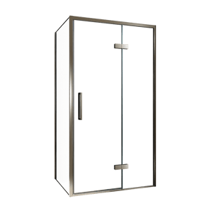 Balmani Senses Design douche en coin avec porte pivotante à droite et paroi latérale fixe, 100 x 100 cm, Verre transparent, Profil Brushed GunMetal