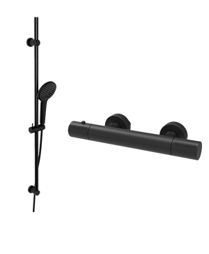 Blaufoss Orion Duschsystem: Wandmontage, inkl. Thermostat-Duscharmatur, Schwarz matt