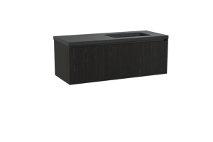 Balmani Fila zwevend badkamermeubel 135 x 55 cm zwarte eik met Napoli asymmetrisch rechtse wastafel in graniet zwart, Verticale symmetrische rechte ribbel