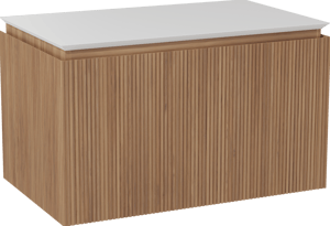 Balmani Eclips hängendes Möbelstück Set: 90 x 55 cm, Teak, mit Eclips Einzel Waschtischplatte Solid Surface Weiβ matt, Vertikale symmetrische gerade Rippe