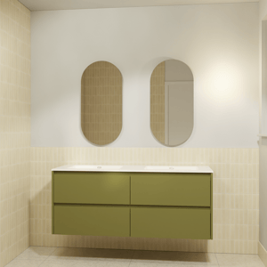 Storke Seda hängendes Möbelstück Set: 150 x 52 cm, Olivgrün, mit Diva Doppelwaschtisch, Marmorkomposit Weiß glänzend und 2 Soto Badspiegel