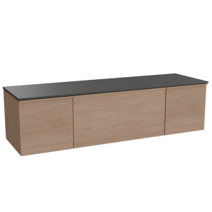 Balmani Forma hängendes Möbelstück Set: 180 x 55 cm, Naturbelassene Eiche, mit Stretto Einzel- oder Doppel Waschtischplatte, Granit, Schwarzes Granit, Horizontale symmetrische gerade Rippe