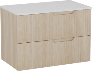 Linie Ribbo meuble salle de bains suspendu 80 x 46 cm chêne clair avec Lado tablette simple en mélaminé terrazzo blanc, Nervure circulaire symétrique verticale