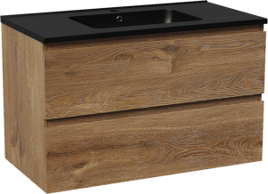 Linie Lado hängendes Möbelstück Set: 90 x 46 cm, Braune Eiche, mit Vano Einzelwaschtisch, Marmorkomposit Schwarz matt