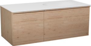 Balmani Forma meuble salle de bains suspendu 120 x 55 cm chêne naturel avec Tablo Oval vasque asymétrique droite en solid surface blanc mat, Nervure droite symétrique horizontale