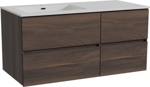 Storke Edge hängendes Möbelstück Set: 110 x 52 cm, Nussbaum, mit Diva Waschtisch links, Marmorkomposit Weiß glänzend