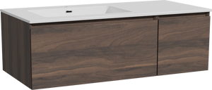 Storke Edge zwevend badmeubel 110 x 52 cm notenhout met Diva asymmetrisch linkse wastafel in composietmarmer hoogglans wit