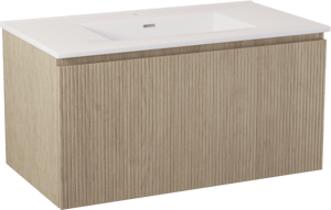 Storke Ribs zwevend badmeubel 95 x 52 cm ruw eiken met Kera enkele wastafel in porselein hoogglans wit, afvoerplug inbegrepen