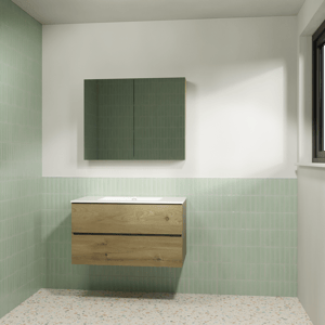 Storke Edge meuble salle de bains suspendu 95 x 52 cm chêne brut avec Diva plan simple en marbre composite blanc brillant et Reflecta armoire de toilette