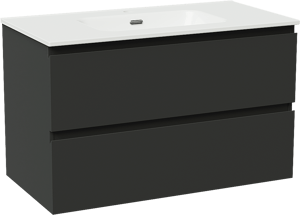 Linie Lado zwevend badkamermeubel 90 x 46 cm mat zwart met Baro enkele wastafel in porselein glanzend wit