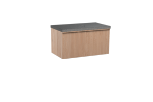 Balmani Forma hängendes Möbelstück Set: 90 x 55 cm, Naturbelassene Eiche, mit Rock Einzel Waschtischplatte, Granit, Schwarzes Granit, Vertikale symmetrische gerade Rippe