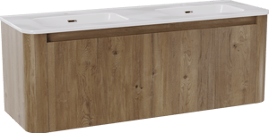 Storke Soft zwevend badkamermeubel 140 x 46 cm ruwe eik met Kera Soft dubbele wastafel in porselein glanzend wit