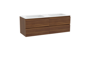 Balmani Lucida hängendes Möbelstück Set: 150 x 55 cm, Amerikanischer Nussbaum, mit Tablo Strada Doppelwaschtisch, Marmorkomposit Weiß glänzend