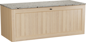 Balmani Lemon hängendes Möbelstück Set: 135 x 55 cm, Naturbelassene Eiche Furnier, mit Stretto Einzel- oder Doppel Waschtischplatte, Terrazzo in Greige