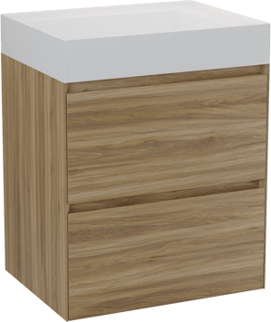 Balmani Mitra Compact hängendes Möbelstück Set: 60 x 46 cm, Wildeiche, mit Argila Waschtisch links Marmorkomposit Weiβ matt